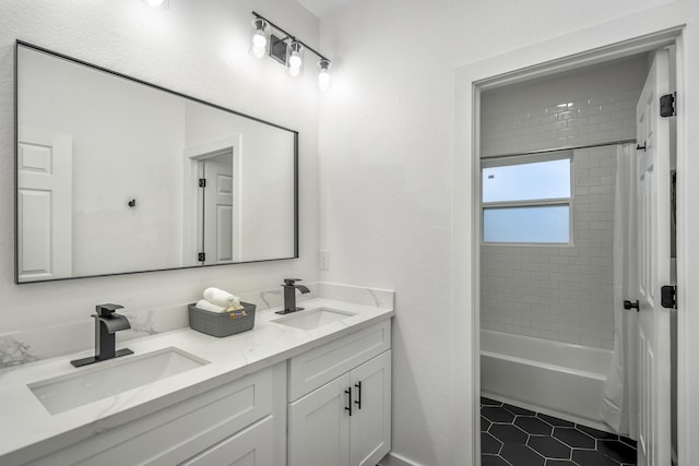 bathroom with tile patterned flooring, vanity, and shower / tub combo with curtain