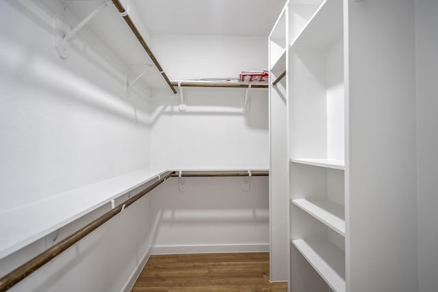 walk in closet with dark hardwood / wood-style flooring