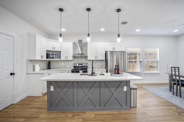 kitchen with sink, wall chimney exhaust hood, a center island with sink, white cabinets, and appliances with stainless steel finishes