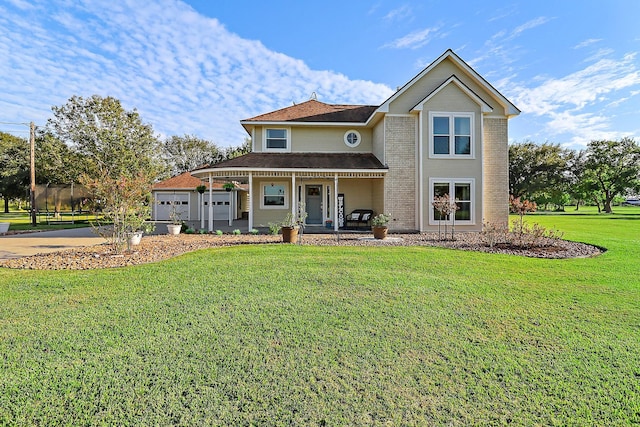 view of front of property with covered porch, a trampoline, and a front yard