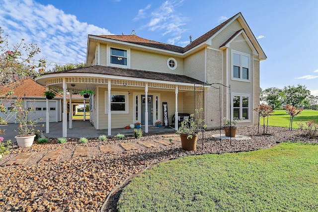 rear view of house with a porch, a garage, and a lawn