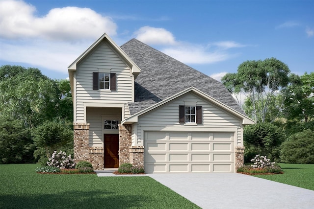 view of front of property with roof with shingles, brick siding, a front yard, a garage, and driveway