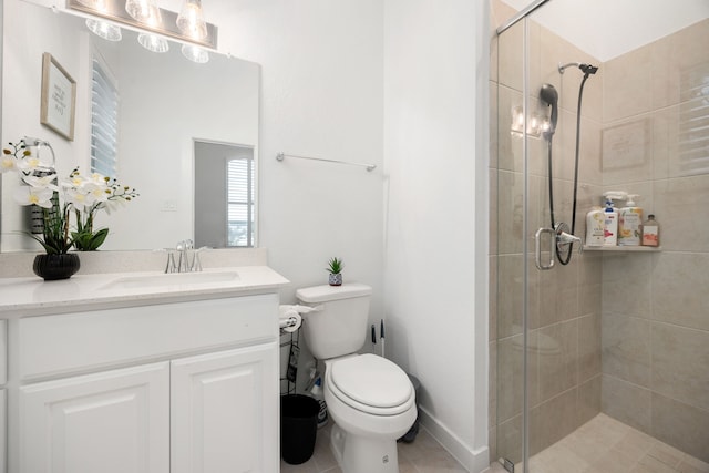 bathroom with tile patterned flooring, vanity, toilet, and an enclosed shower