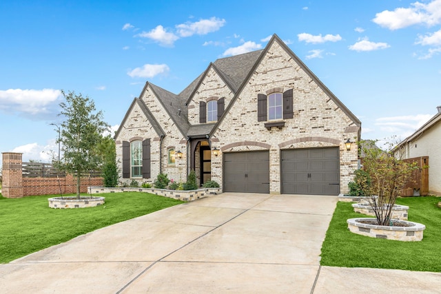 view of front of house with a front yard and a garage