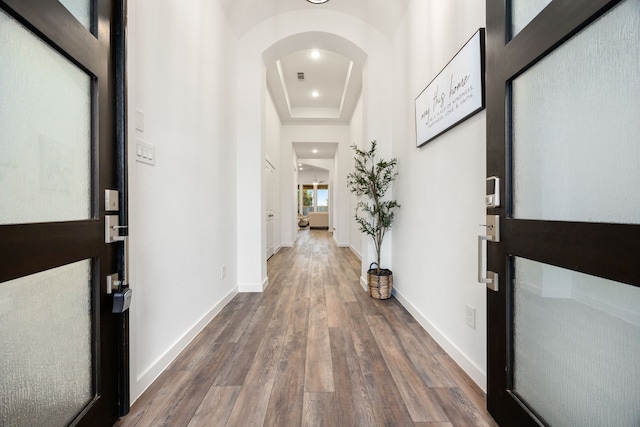 entrance foyer with hardwood / wood-style flooring and a raised ceiling