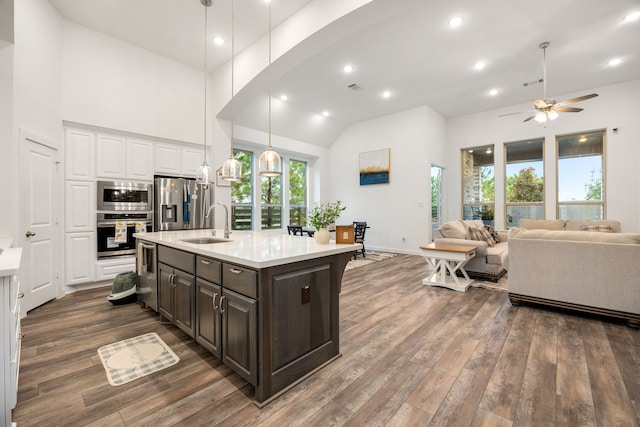 kitchen with ceiling fan, dark hardwood / wood-style flooring, a kitchen island with sink, dark brown cabinets, and appliances with stainless steel finishes