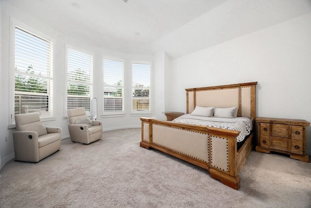 bedroom featuring lofted ceiling and carpet floors