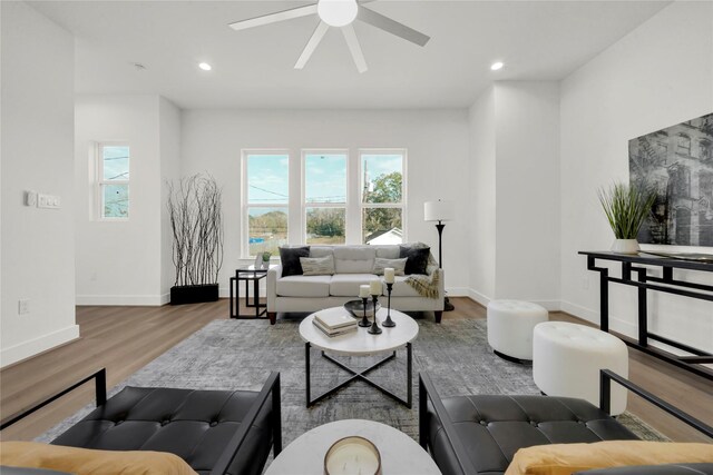 living room featuring ceiling fan and hardwood / wood-style flooring