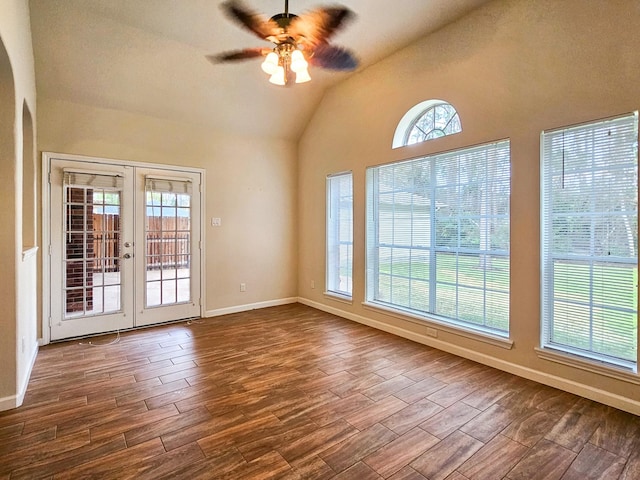 unfurnished room featuring french doors, vaulted ceiling, and ceiling fan