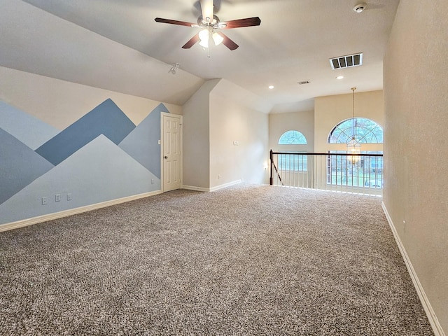 additional living space with carpet, ceiling fan, and lofted ceiling