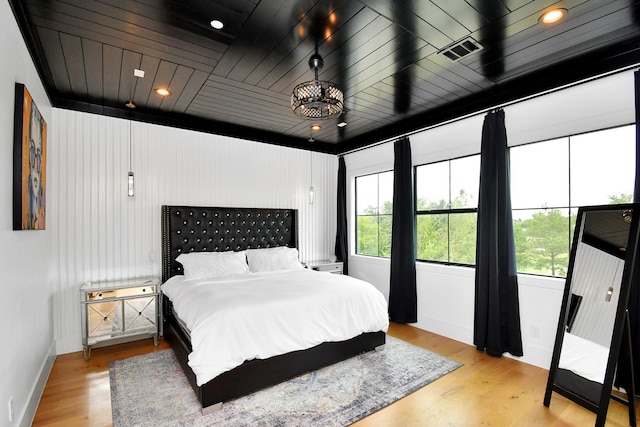 bedroom with wood ceiling and light hardwood / wood-style floors