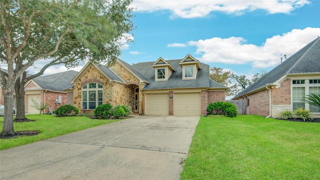 view of front of property with a front yard and a garage