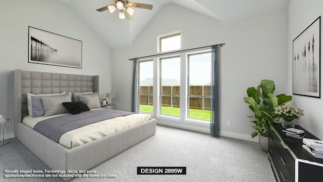 carpeted bedroom with multiple windows, ceiling fan, and lofted ceiling