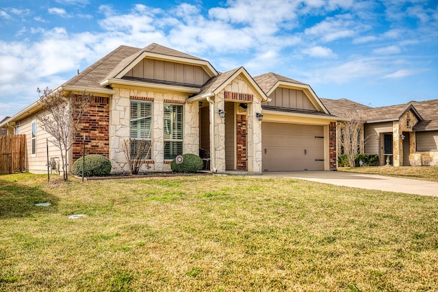 craftsman inspired home featuring a garage and a front lawn