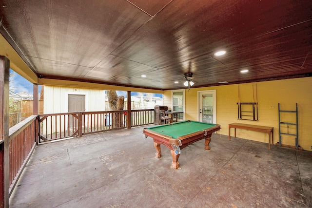 playroom with ceiling fan, wooden ceiling, and billiards