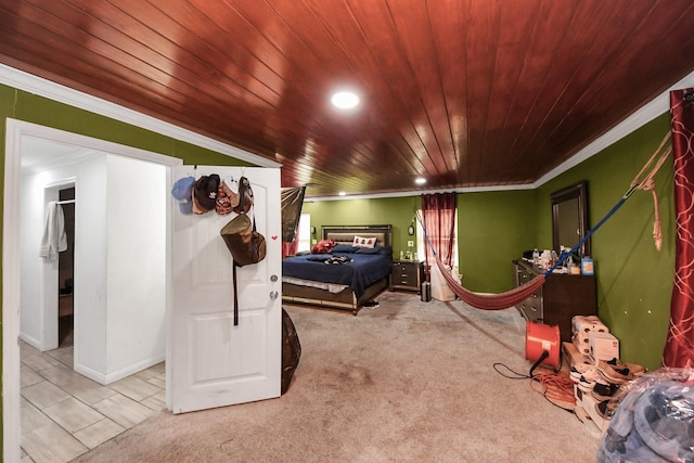 bedroom with light colored carpet and ornamental molding