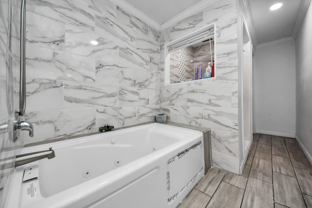 bathroom featuring a washtub and ornamental molding