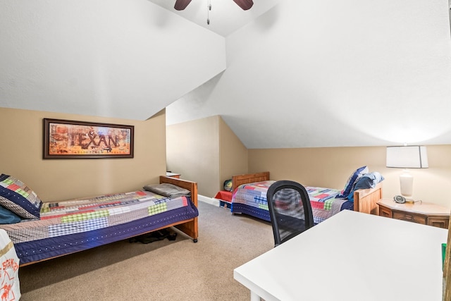 bedroom with light carpet, vaulted ceiling, and ceiling fan