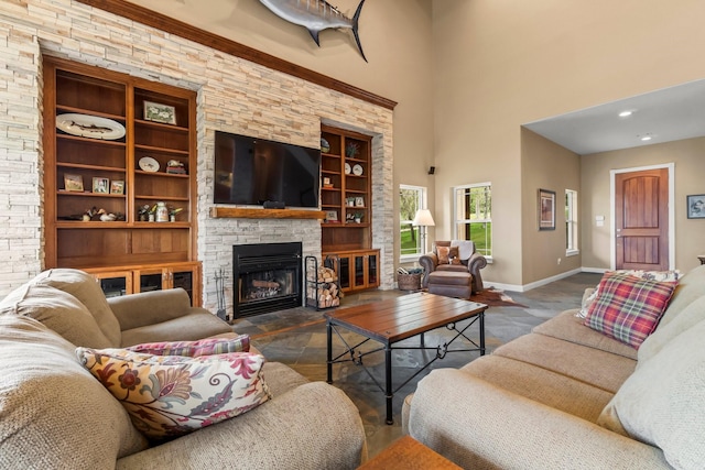 living room featuring a fireplace