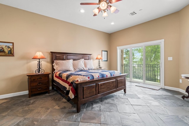 bedroom featuring ceiling fan and access to outside