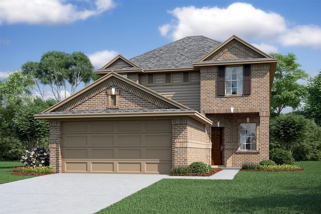 view of front of house with brick siding, a shingled roof, concrete driveway, an attached garage, and a front lawn