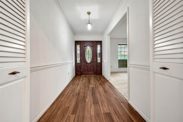 foyer entrance featuring ornamental molding and wood-type flooring