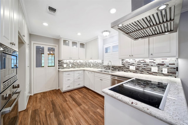 kitchen with sink, appliances with stainless steel finishes, light stone countertops, white cabinets, and island exhaust hood