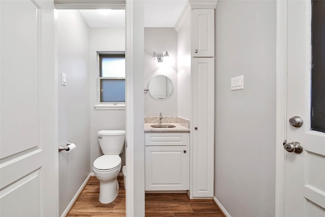 bathroom with vanity, hardwood / wood-style flooring, and toilet