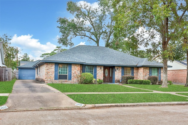 ranch-style house with a garage and a front yard