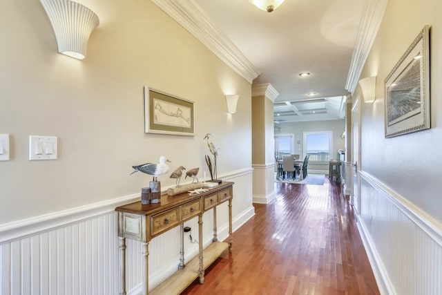 corridor featuring crown molding and dark hardwood / wood-style flooring