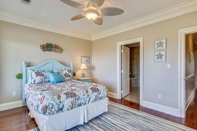 bedroom featuring hardwood / wood-style flooring, ceiling fan, ornamental molding, and ensuite bath