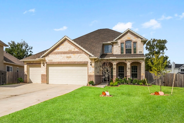 view of front of property featuring covered porch, a garage, and a front lawn