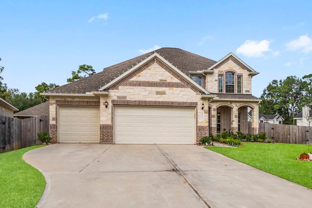 view of front of home with a garage and a front lawn