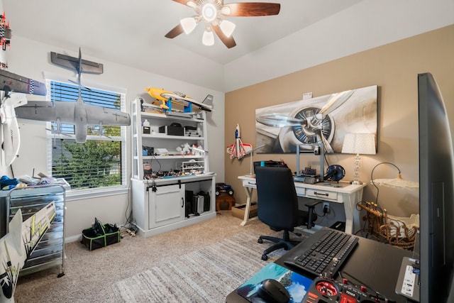 office area with light carpet and ceiling fan