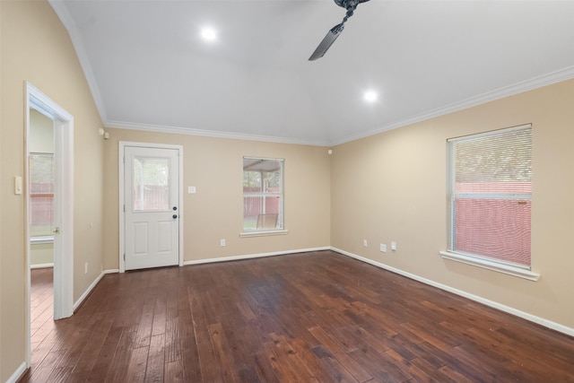 empty room featuring dark hardwood / wood-style floors, ceiling fan, and crown molding