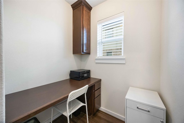 9211 Melmack Dr, Rosharon, TX 77583 - home office featuring built in study area, dark wood-style flooring, and baseboards