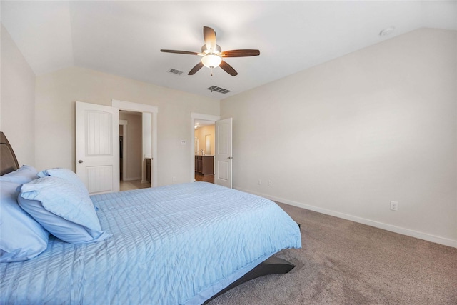 carpeted bedroom featuring visible vents, ceiling fan, baseboards, and lofted ceiling