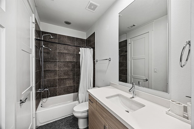 full bathroom featuring vanity, toilet, and shower / bathtub combination with curtain