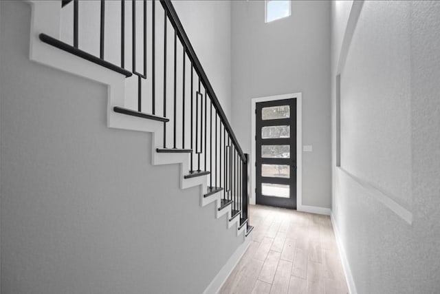 foyer with light hardwood / wood-style flooring, a healthy amount of sunlight, and a high ceiling