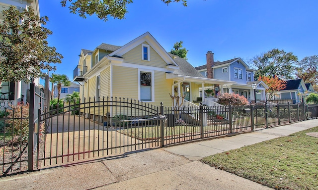 view of front of house featuring a fenced front yard, a gate, and a residential view