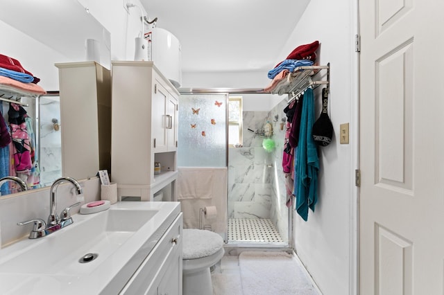 bathroom featuring vanity, toilet, and a shower with door