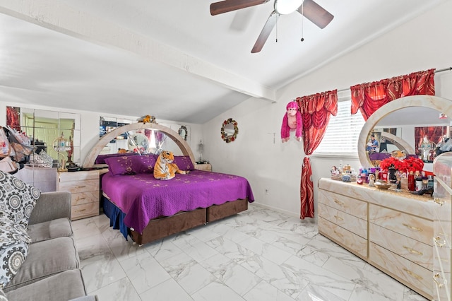 bedroom with lofted ceiling with beams and ceiling fan