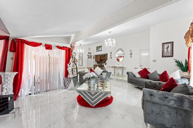 living room featuring vaulted ceiling and a chandelier