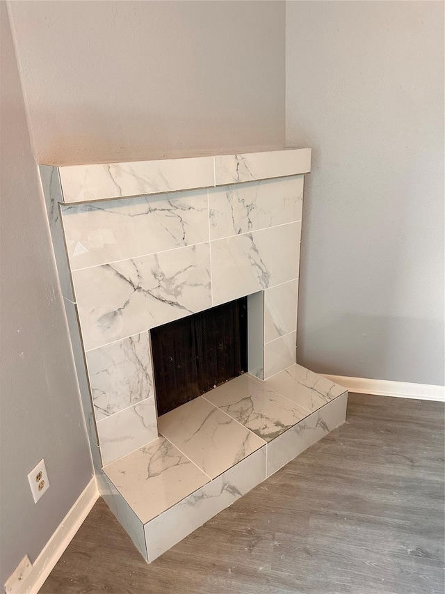 room details featuring a tile fireplace and hardwood / wood-style floors