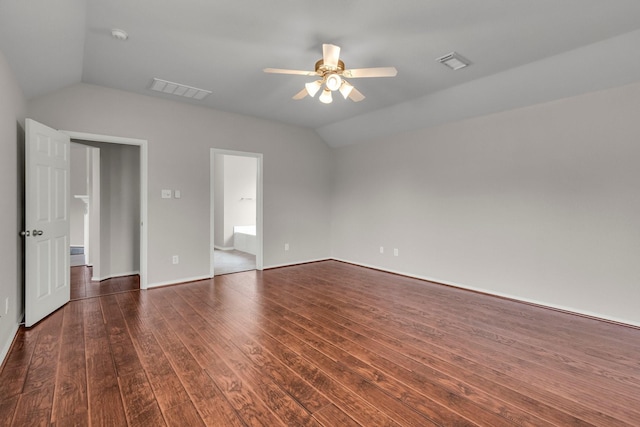 unfurnished room featuring dark hardwood / wood-style flooring, ceiling fan, and lofted ceiling