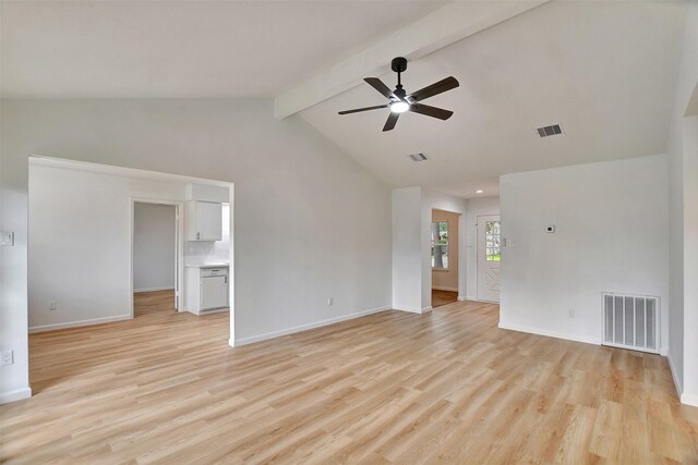 spare room featuring ceiling fan, beam ceiling, high vaulted ceiling, and light hardwood / wood-style flooring