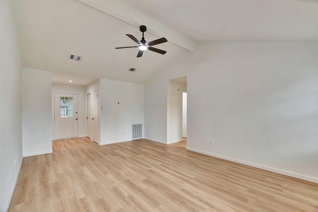 empty room with vaulted ceiling with beams, ceiling fan, and light wood-type flooring