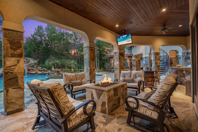 28322 Meadow Frst, Magnolia, TX 77355 - view of patio / terrace with an outdoor living space with a fire pit, ceiling fan, and an outdoor pool