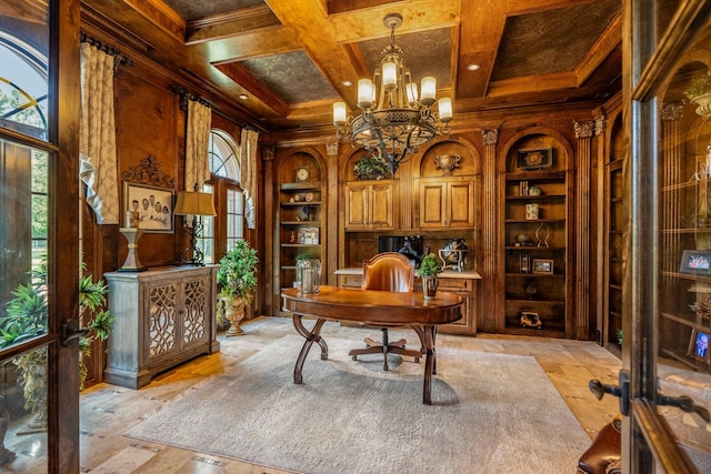 28322 Meadow Frst, Magnolia, TX 77355 - home office with built in shelves, coffered ceiling, wooden walls, crown molding, and a chandelier