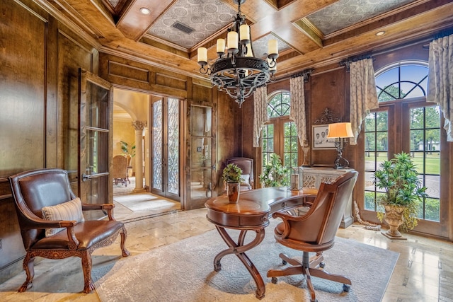 28322 Meadow Frst, Magnolia, TX 77355 - office area featuring french doors, healthy amount of natural light, wooden walls, ornamental molding, and a chandelier
